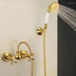 Set doccia per bagno Kit per montaggio a parete in ottone dorato classico di lusso Set di rubinetti per vasca da bagno semplice con doppia maniglia oro SF1070