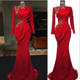 2023 Evening Dresses Dubai Muslim Luxury Mermaid Long Gold Lace Appliques Full Sleeves Beading Crystal Floor Length Prom Dress Formal Party Gowns