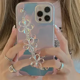 고급 케이스 INS 레이저 투명 실리콘 전화 케이스 iPhone 14 12 13 Pro Max 11 Mini XR X XS 7 8 Plus SE 3D Flower Wrist Chain Cover