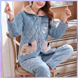 Women's Sleep Lounge Winter Warm Set Women's Pyjamas 2 Pieces Sleepwear Long Sleeve Mujer Pijama Thick Trouser Suits Plus Velve Home Clothes Female T221017