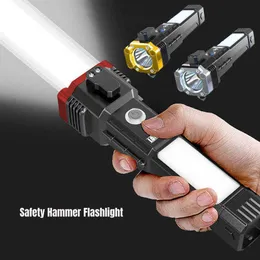 Ficklampor facklor Bilsäkerhet Hammer LED-ficklampa Multifunktionell laddning Kraftverk Ljus Emergency Fire Breaking Window Self-Defense Flash Lligh L221014