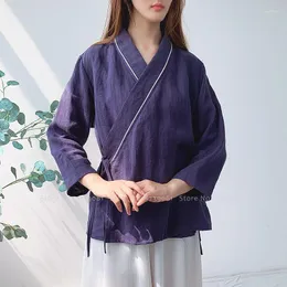 Etniska kläder blå vit kinesisk stil Hanfu toppar kimono kläder kvinnor zen linne casual blus skjortor orientaliska kofta jackor