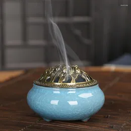 Fragrance Lamps Ceramic Incense Burner Censer Coil Stick Holder Ash Catcher W/ Alloy Cover Decor