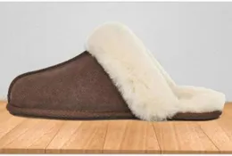 Damen Herren Pelz Mule Slipper Flauschige Winter Warm Haus Plattform Hausschuhe Kastanienbraun Echtleder Indoor Dünne Unterseite Sliders