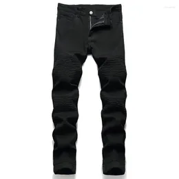 Mäns jeans 2022 Black High Street Men's Bike Slim fit Fashion Stretch Pleated Workwear Skinny Pants Streetwear Vaqueros de Hombre