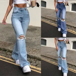 Kvinnors jeans Kvinnors avslappnade kvinnors knapp med hög midja elastiska hålbyxor Löst fickficka byxor snabbt droppe