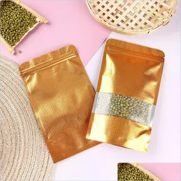 Storage Bags 9X13Cm Golden Stand Up Embossed Aluminum Foil Packaging Bags Resealable Poly Window Mylar Food Storage Pouch For Dry Nut Dhdkg