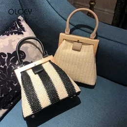 Evening Bags Retro Woven Luxury Clip Handbag Women Bags Designer Wooden Top Handle Hand bag Lady Shoulder Bag Beach Bolso femenino L221014