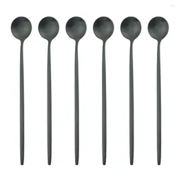 ディナーウェアセット6pcs/set black long handle cutleryマットステンレス鋼スプーン磨き攪拌ドリンクアイスクリームデザートティー