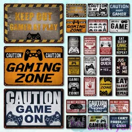 ゲームゾーン警備金属塗装プレートゲーマーマシンペインティングアイアン警告錫標識ゲーマールームホームデコレーションキッズギフトの壁アート画像