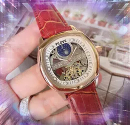 Premium -Mens 2813 Automatische Bewegung Uhren 43 mm echte Lederg￼rtel Sport M￤nner beobachten leuchtende Sonnenmond Skelett Zifferblatt Armbanduhren Geschenke