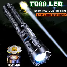 المصابيح الكاشفة المشاعل T900 مصباح يدوي LED قوي 5000 متر كشاف ضوء صلب مصابيح يدوية تكتيكية 21700 بطارية قابلة للتعتيم ومقاومة للماء مصباح طلقة طويل L221014