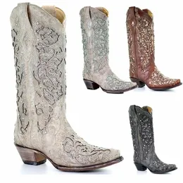 Botas Femininas Outono Inverno Incrustações de Glitter e Cristais Ponta Ponta Retro Salto Grosso Sapatos Oeste Elegante Branco Joelho 221017