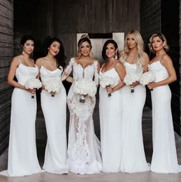 Dresses Bridesmaid 2023 White Spaghetti Straps Sheath Floor Length Simple Chiffon Beach Wedding Guest Gowns Custom Made Plus Size