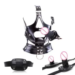 Articoli di bellezza sexy Bondage PU Cappuccio in pelle Imbracatura per la testa Bocca aperta Gag Spina staccabile Slave Restraint BDSM Giocattoli erotici per adulti per coppia