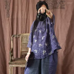 Kadın bluzları Kadın Çin tarzı baskılı çiçek ramie 2022 Yaz vintage yarım kol üstleri kadın gömlekleri ön ve arka çift aşınma