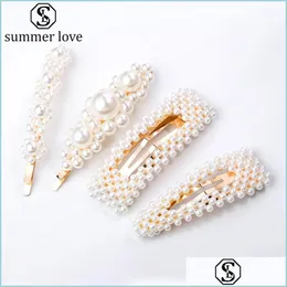 Hårklämmor Barrettes Elegant Pearl Hair Pins Korean Geometric Clips Barrettes Headwear Hairpins Headbands Female Ornament Accesso Dhthj