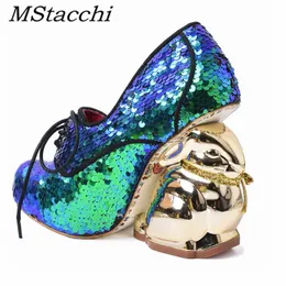 Buty mstapchi nowe łuski Odbarwianie okrągłe nos damskie buty koronkowe na surową platformę pięty Złote królik seksowne kobiety 220901