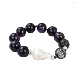 Strand JK White Keshi Pearl Bracelet 16mm Round Purple Amethysts Gems Stone المصنوعة يدويًا للنساء