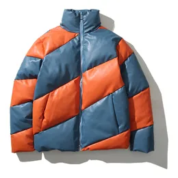 Vinter faux läderjacka ner parka streetwear färgblock lapptäckning tjockare varm kappa harajuku casual vadderad bubblajacka