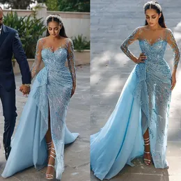 Sky Beaded 2023 Blue Prom Dresses Scoop Neck Long Sleeves Sequins Sweep Train Side Slit Custom Made Ruched Evening Party Gowns Vestidos Formal Ocn Wear