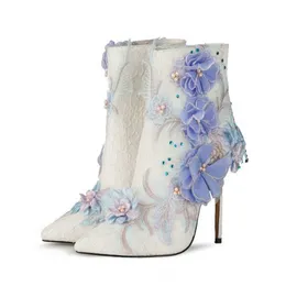 Boots Embroidery Flower Women Ankle Punch Shoe Stiletto High Heel Wedding Shoes Quality Handmade Pearl Botas Femininas 220901