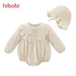 Rompers Hibobi Baby Lace Princess Toddler Romper Spring Retro Born Girl Clothes Cotton Spädbarnskläder 2 st med hattar 221018