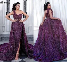 Dark Purple Sequined Evening Dresses With Detachable Train Dubai Arabic Sexy Split One Shoulder Prom Party Gowns Women Second Reception Engagement Dress CL1284