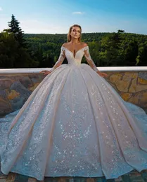 2022 Luxus Ballkleid Brautkleider Spitze Prinzessin Brautkleid Land schulterfrei lange Ärmel Brautkleider