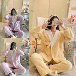 Women Plus Size Nursing Sleep Pajamas Pregnancy Winter New Thicker Warm Flannel Lounge Nightwear Set For Pregnant 2513 E3