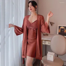 Kadın pijama dantel içi boş bornoz seti yaz saten 2pcs v yaka uyku tam slip nightrobe gündelik kimono elbise salonu giyim