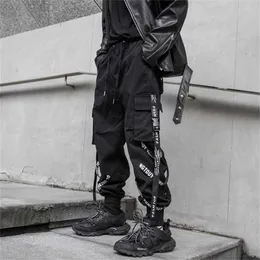 Houzhou Black Cargo Pants Men Joggers Men for Menのための貨物ズボンジョギング日本のストリートウェアヒップホップHippie Techwearゴシックリボン211022