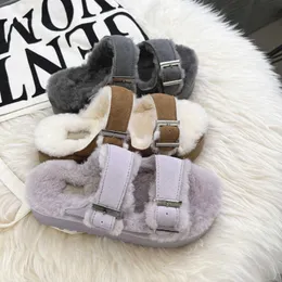 Ontwerper Boston Cork Slippers Vast Sandaal voor vrouwen Sheepskin Flat Fur Plush Fluffy Slippers Soft Australia WGG Winter Furry Sandals