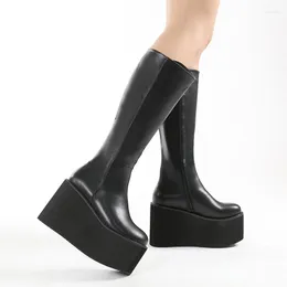 Boots 2022 Platform Round Toe Wedges Black Knee High Zipper Big Size 43 Shoes Leather Women Heel