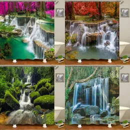 Duschvorhänge, Landschaft, Wald, Wasserfall, Vorhang, wasserdichter Stoff, 3D-Druck, natürliche Landschaft, Badezimmer, 240 x 180 cm, Badewanne