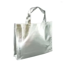 Gift Wrap 1x Customized Laser Film Laminated Metallic Sewed Non Woven Bag Shopping Tote Silver Color