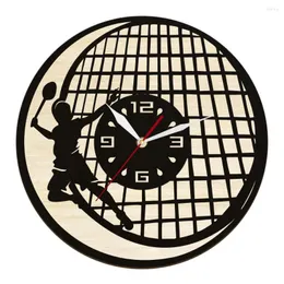 Relojes de pared jugador de bádminton corte láser silueta reloj de madera para dormitorio volante decoración del hogar reloj de raqueta de madera de doble capa
