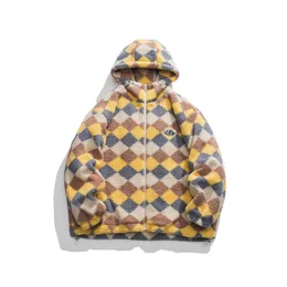 Vintage Hooded Jacket Parkas Streetwear Argyle Plaid Fuzzy Fluffy Plush Lambswool Coat Harajuku Thick Warm Fleece Jacket