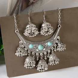 Halskette Ohrringe Set Ethno Silber Farbe Halskette/Ohrringe Tibetischer Indien Schmuck Femme Damen Türkise Vintage Geschenke