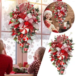 装飾的な花2023キャンディケインリースクリスマスデコレーション人工松ぼっくコーンレッドメタルフープクラフト24インチ星