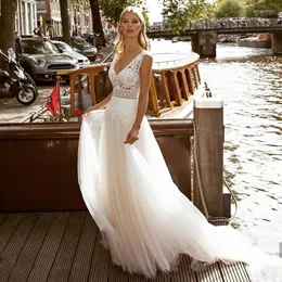 Wedding Dress Boho Lace Dresses 2022 V-Neck Open Back Tulle Beach Floor Length Bohemian Bridal Gowns Sleeveless White Robe De Mariee