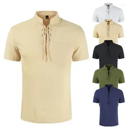 Men's Casual Shirts Men's Hollow Out Bandage Short Sleeve T Shirt Summer Solid Color Linen Vintage Viking Mandarin Collar Blouse Top 3XL