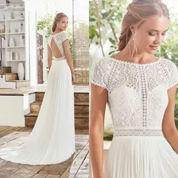 Crochet Lace Country A-line Wedding Dresses with Short Sleeve 2023 Jewel Neck Bohemian Garden Bridal Gown Vestido de noiva branco