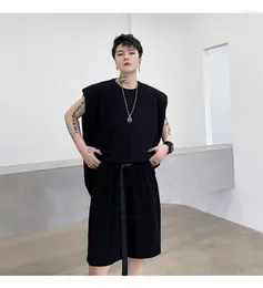 Men's T Shirts Large Summer Loose Fitting Pullover Shoulder Pad Sleeveless T-shirt Vest Shorts 2-piece Fashion I Ribbon Pant Suit