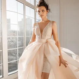 Short Sequined Sheath Wedding Dresses Detachable Train Bridal Gown Backless Organza Robe De Mariee 326 326