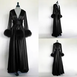 Wraps Black Women Bathrobe Nightgown Silk Satin Sleepwear Bridal Robe Bridesmaid Bride Gowns Fur Winter Kimono Pregnant Dress