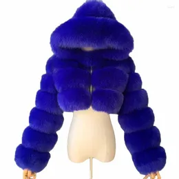 女性の毛皮の高品質毛皮のようなクロップドフェイクコートジャケット女性ふわふわトップ付きフード付き冬 Fourrure マントファム JH137