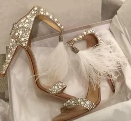 Sandali Drop Scarpe da donna sexy Décolleté estivi con strass Cerniera Piuma Tacco alto Scarpe da sposa albicocca