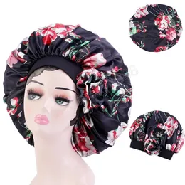 Extra große Satin-Mütze für Frauen, Schlafmütze, elastisches Band, Beanie, afrikanische Kopfbedeckung, Blumen-Turban, Chemo-Kappen