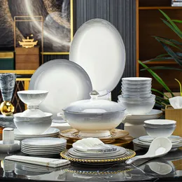 Light Luxury Gradient Gray 60 Pcs Dinnerware Sets with Gilding Edge Bone China European Simple Fashion Tableware Plates Set Ceramic